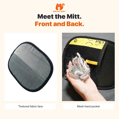 Front and mesh hand pocket of the gray and black pet hair remover mitt