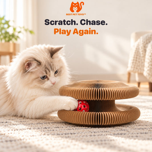 Cat playing with the expanded accordion cardboard scratcher and red ball