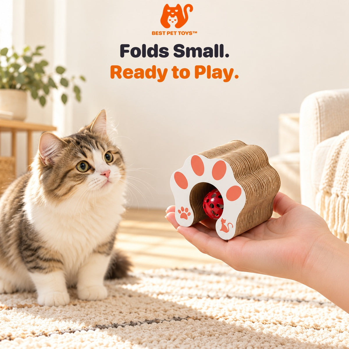 Folded accordion cat toy held in one hand