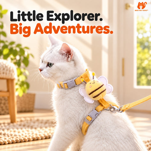Cat wearing Best Pet Toys bee harness in a sunny living room