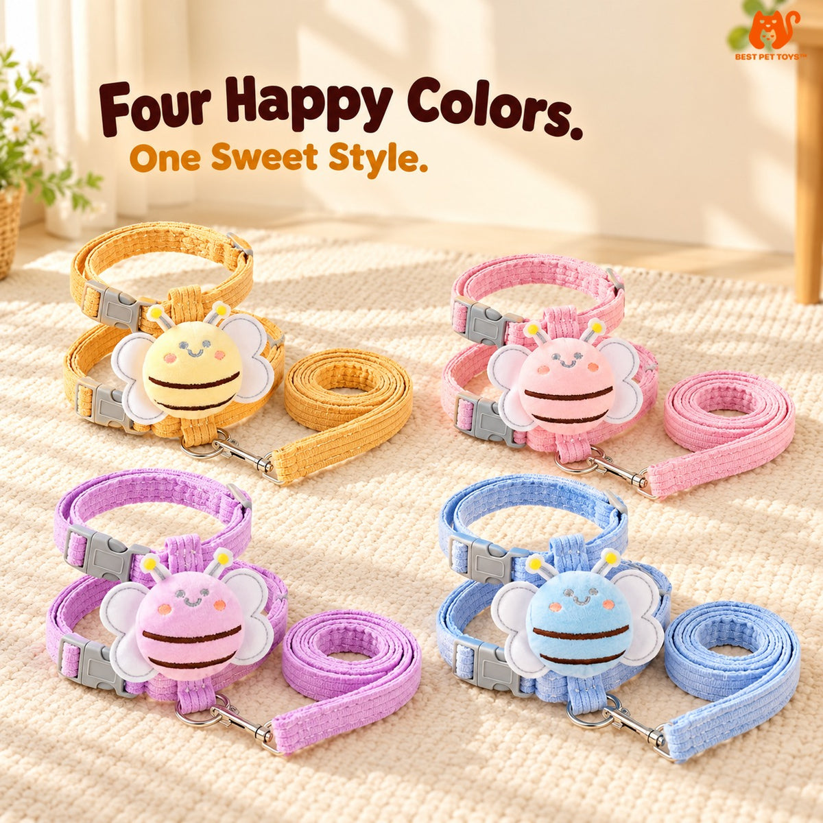 Bee cat harness in honey yellow, pink, blue, and violet
