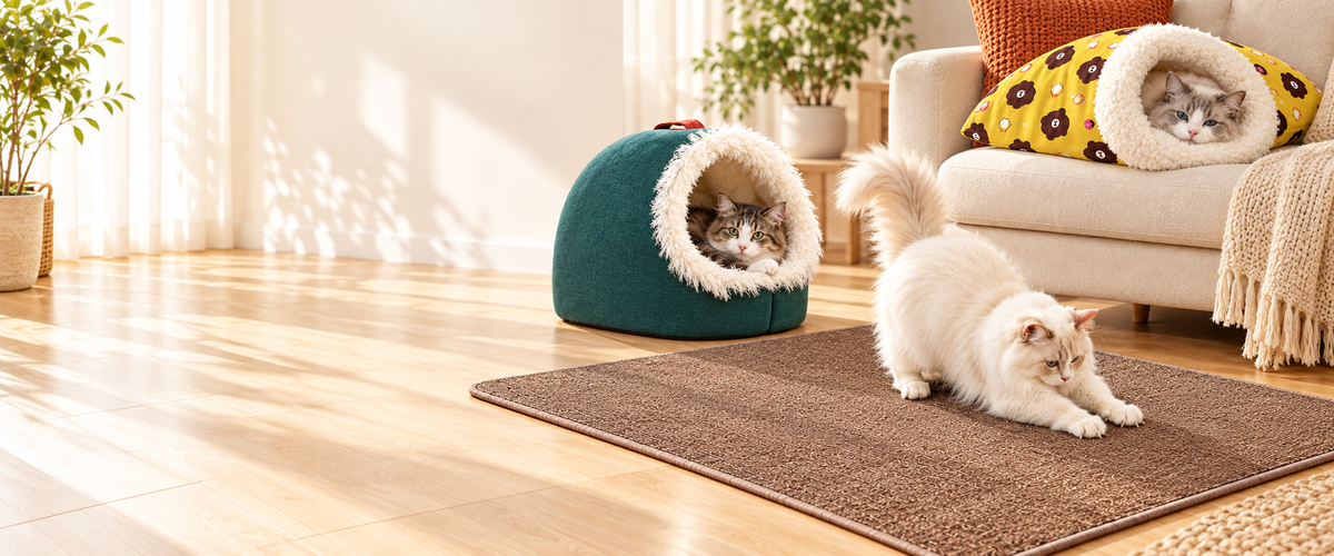 Best Pet Toys bestselling brown Cat Scratching Mat, green Portable Pet Cave Bed, and yellow bear-pattern Cozy Cat Sleeping Bag in a warm cream living room.