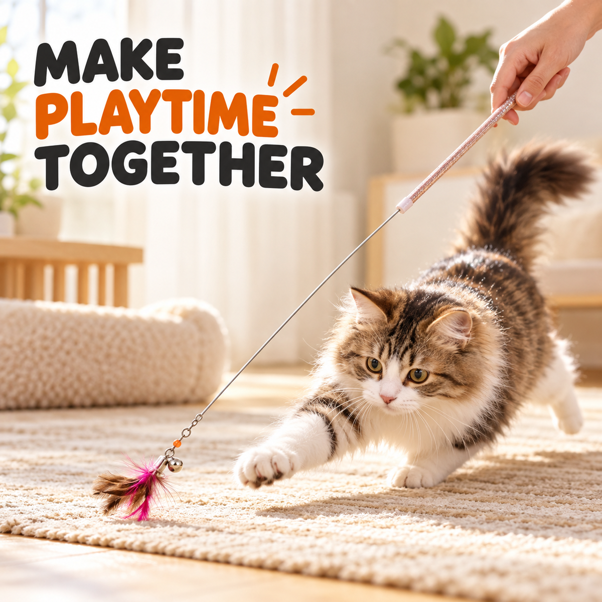 Cat chasing the feather lure during interactive play