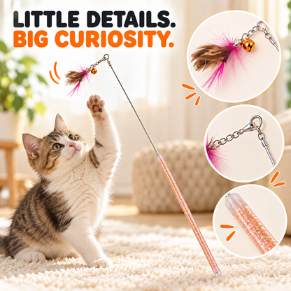 Feather lure, bell, chain, and glitter handle details