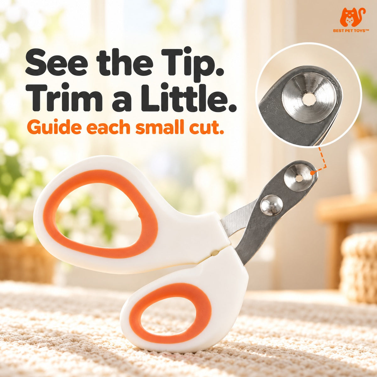 Close-up of the cat nail clipper tip and small guide opening