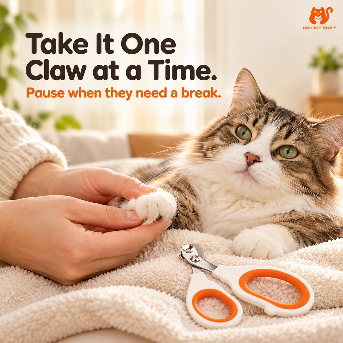 Calm cat during a gentle paw handling routine