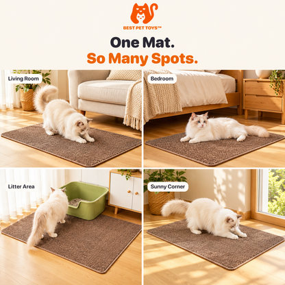 Best Pet Toys cat scratching mat in living room, bedroom, litter area, and sunny corner; cats use the mat