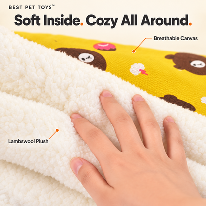 Canvas exterior and lambswool plush lining of the Cozy Cat Sleeping Bag