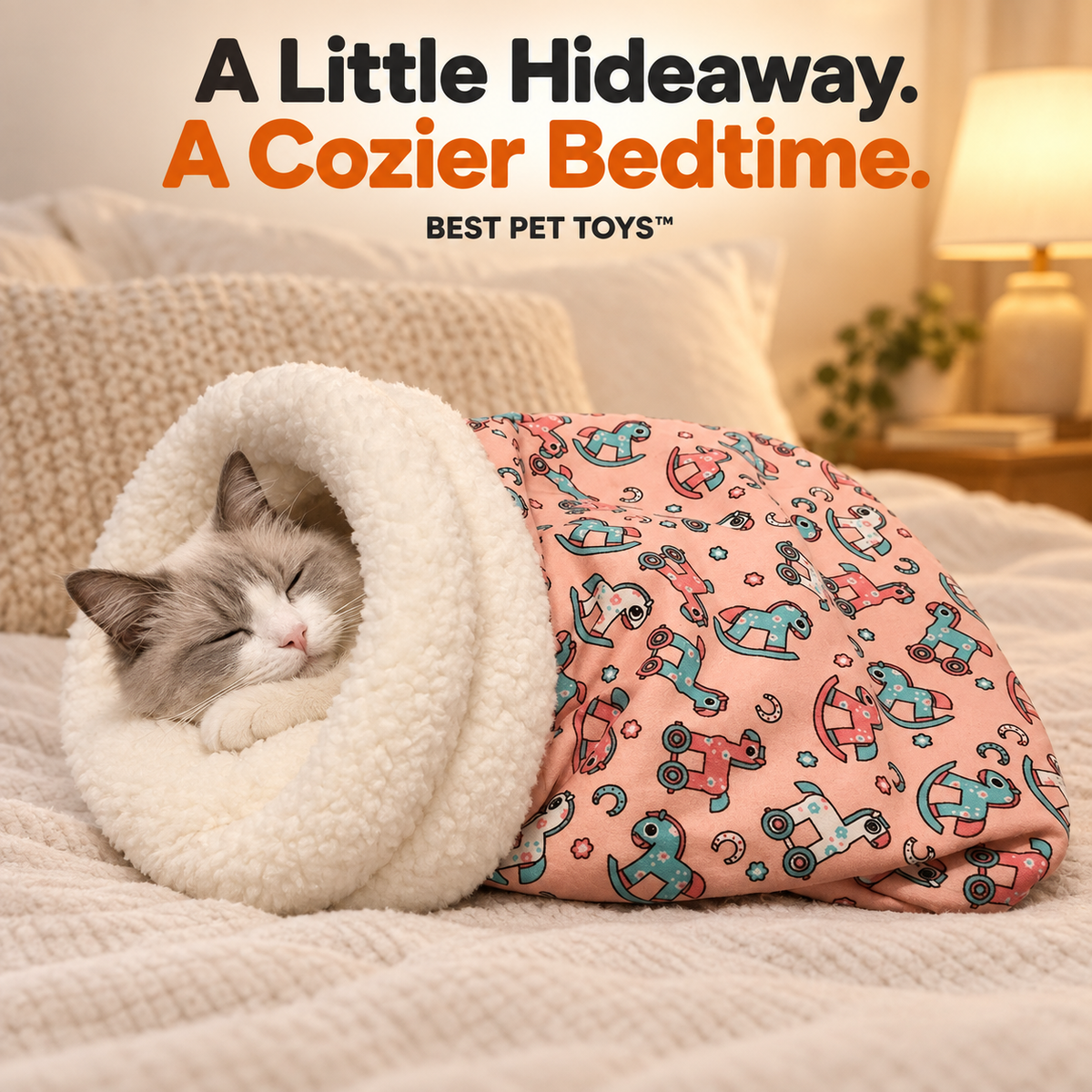 Cat sleeping in a pink Cozy Cat Sleeping Bag on an ivory bed