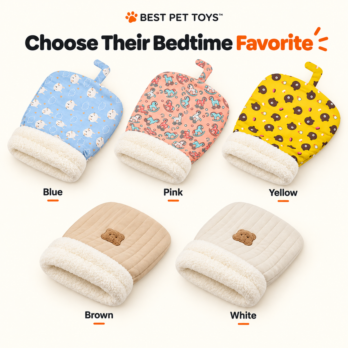 Five Cozy Cat Sleeping Bag colors: Blue, Pink, Yellow, Brown, and White