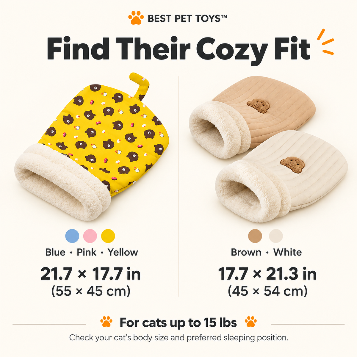 Cozy Cat Sleeping Bag dimensions in inches and centimeters for all five colors