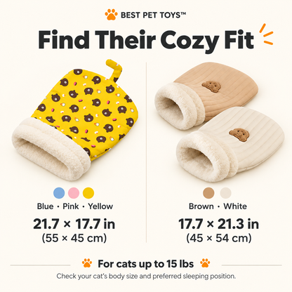 Cozy Cat Sleeping Bag dimensions in inches and centimeters for all five colors