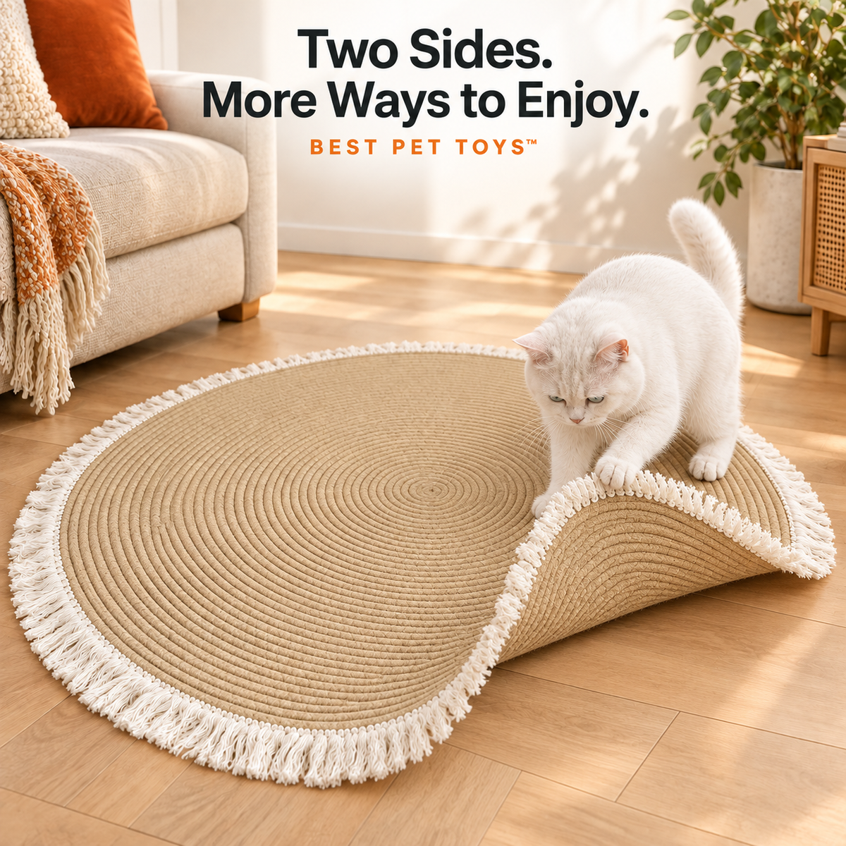 Round woven cat mat with one edge lifted to show both usable sides
