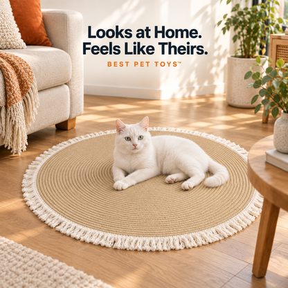 White cat lounging on round woven mat in a warm living room