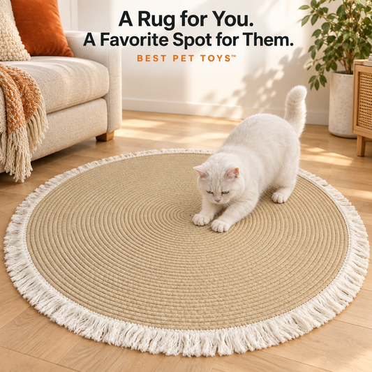 White cat kneading a round beige woven cotton linen cat mat with vintage fringe in a living room