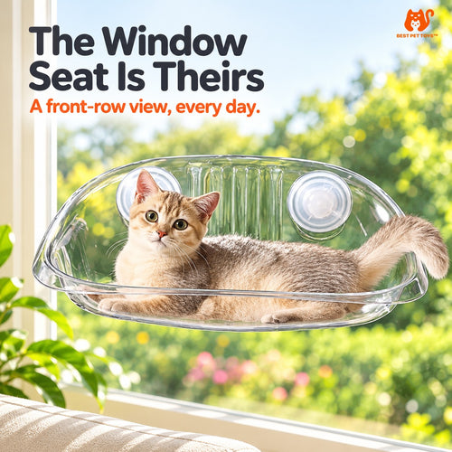 Cat reclining in transparent Gray suction cup window bed