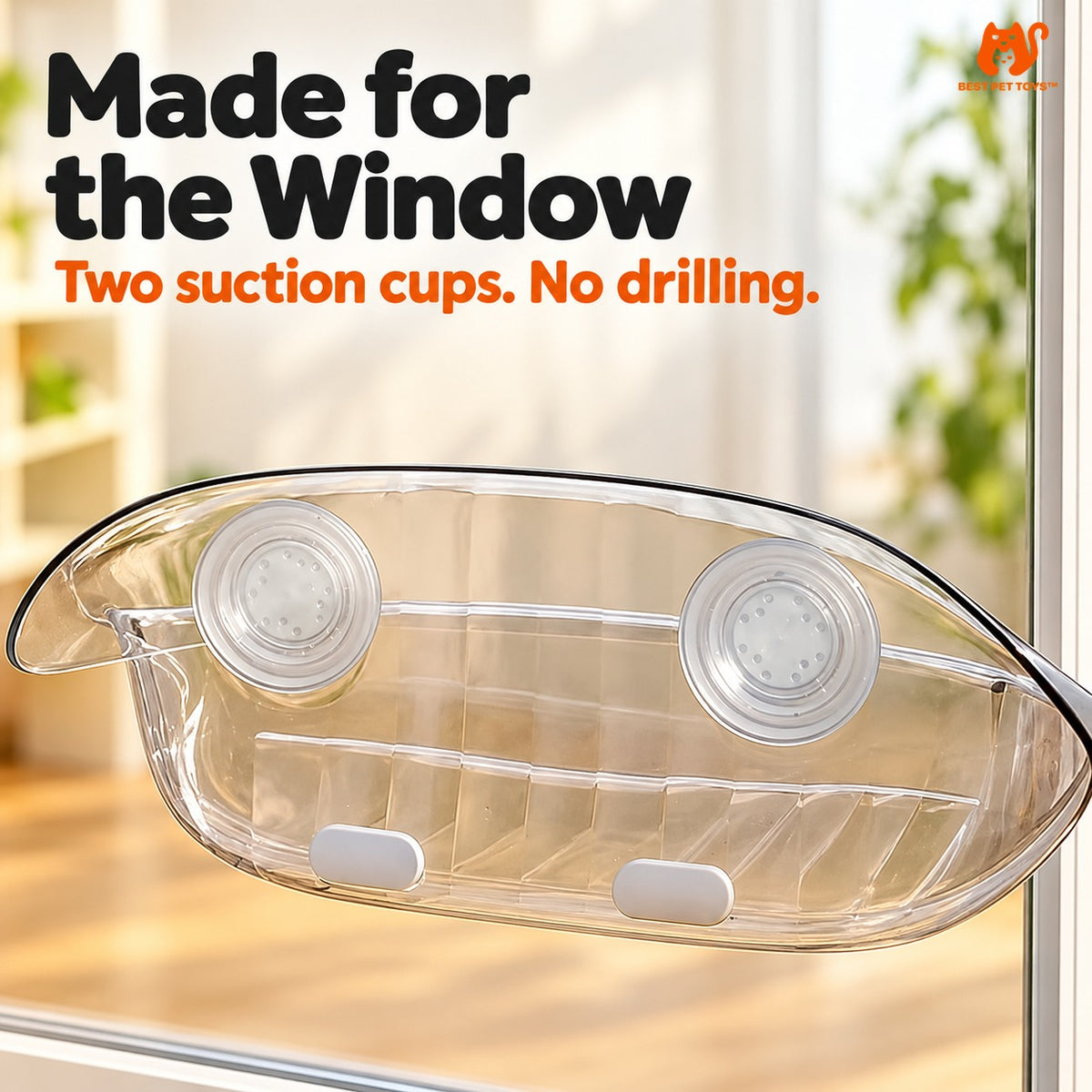 Yellow transparent window cat bed showing two suction cups