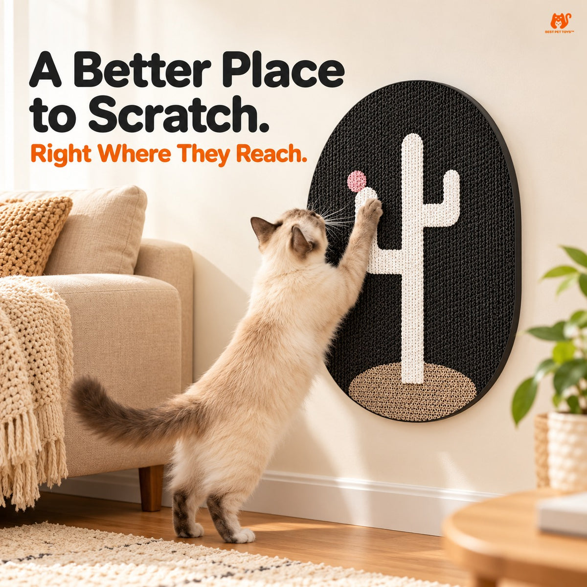 Black Cactus wall-mounted oval cat scratching pad beside sofa