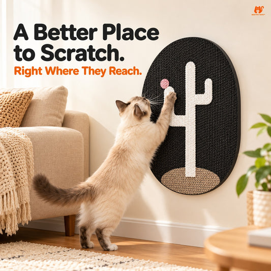 Black Cactus wall-mounted oval cat scratching pad beside sofa