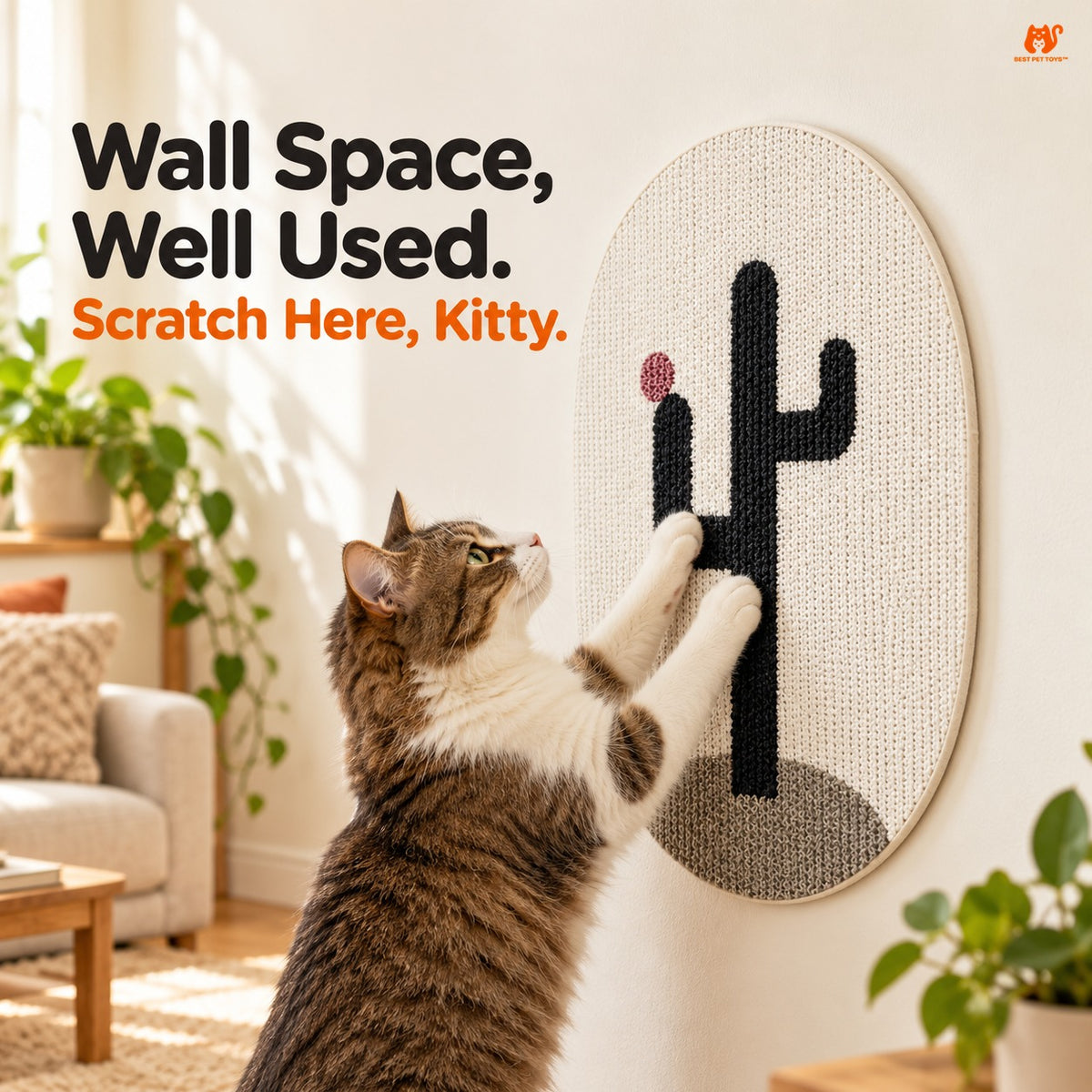 White Cactus wall-mounted oval cat scratching pad with cat
