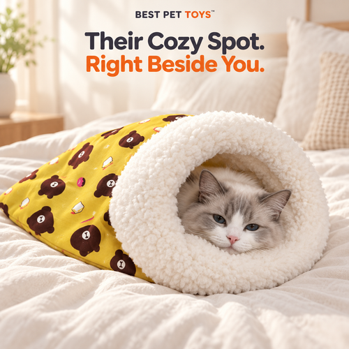 Cat resting in a yellow Cozy Cat Sleeping Bag beside pillows on a bed