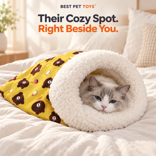 Cat resting in a yellow Cozy Cat Sleeping Bag beside pillows on a bed