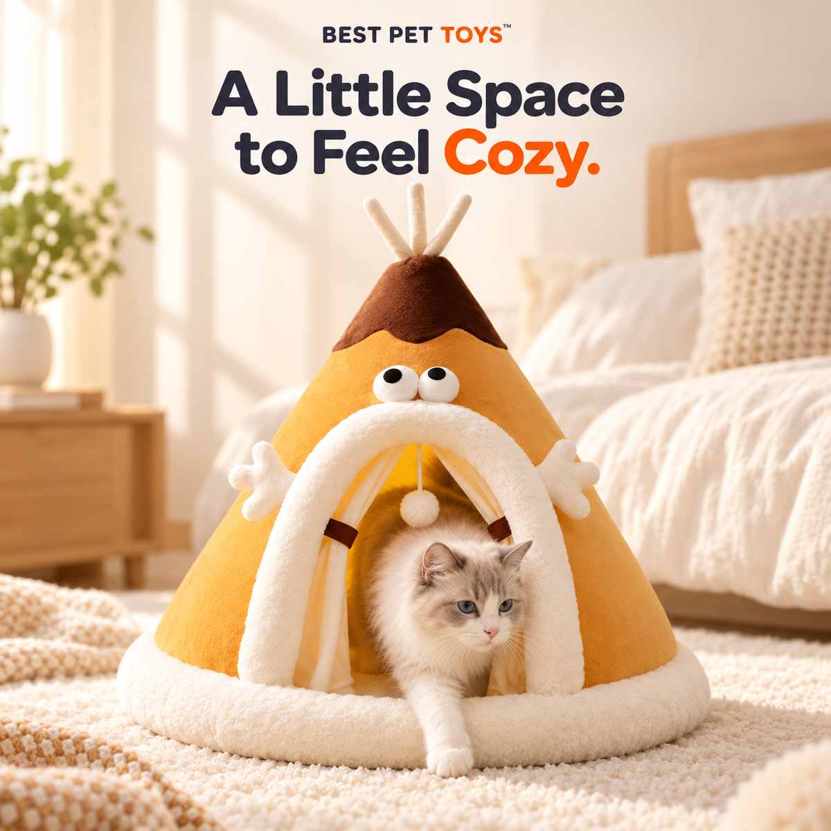 Cat entering the cozy tent bed