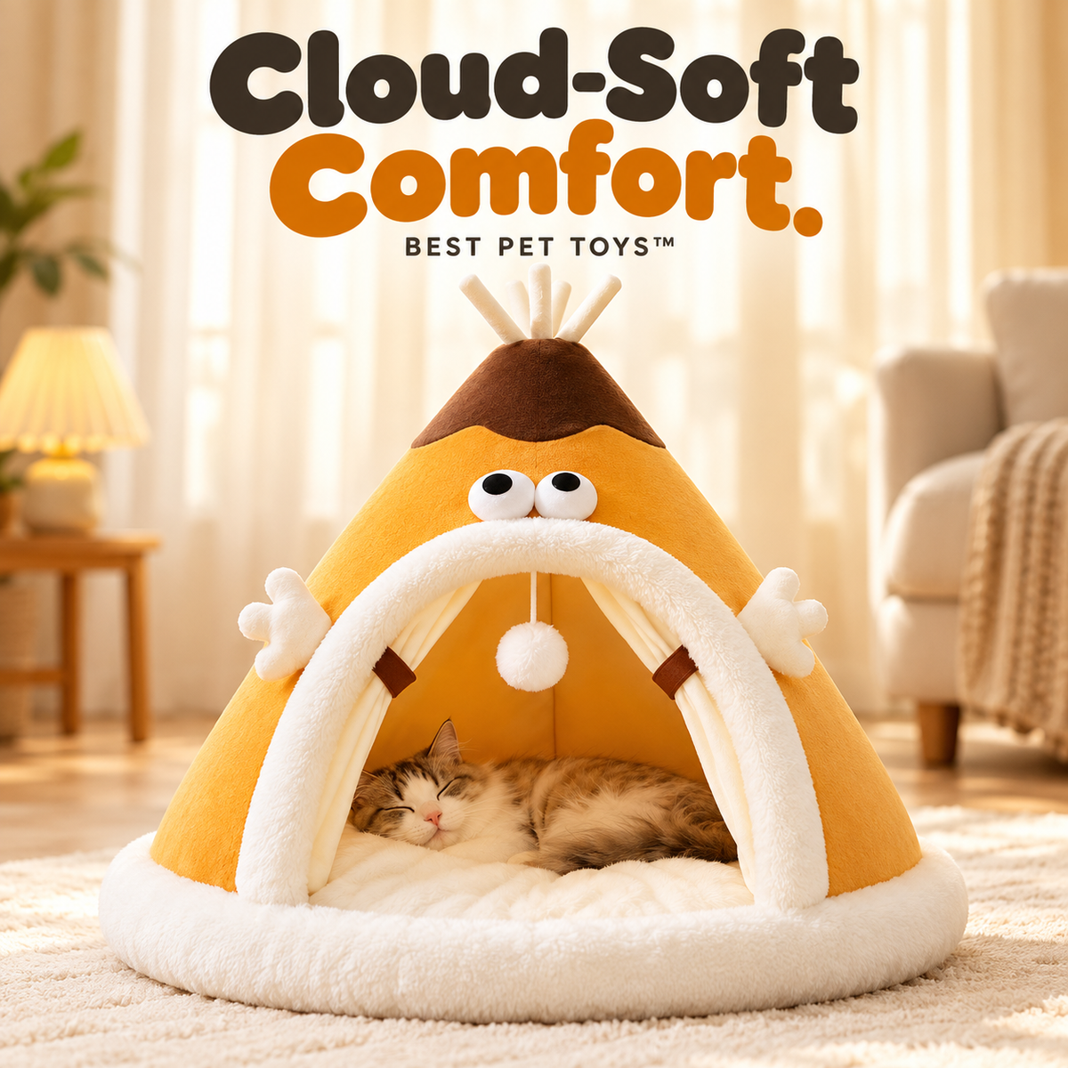 Fluffy cushion inside the cat tent bed