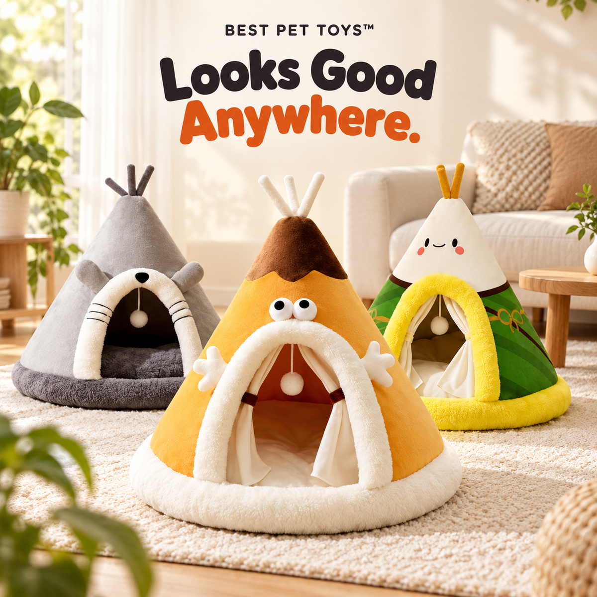 Green Yellow and Gray cat tent beds in a living room