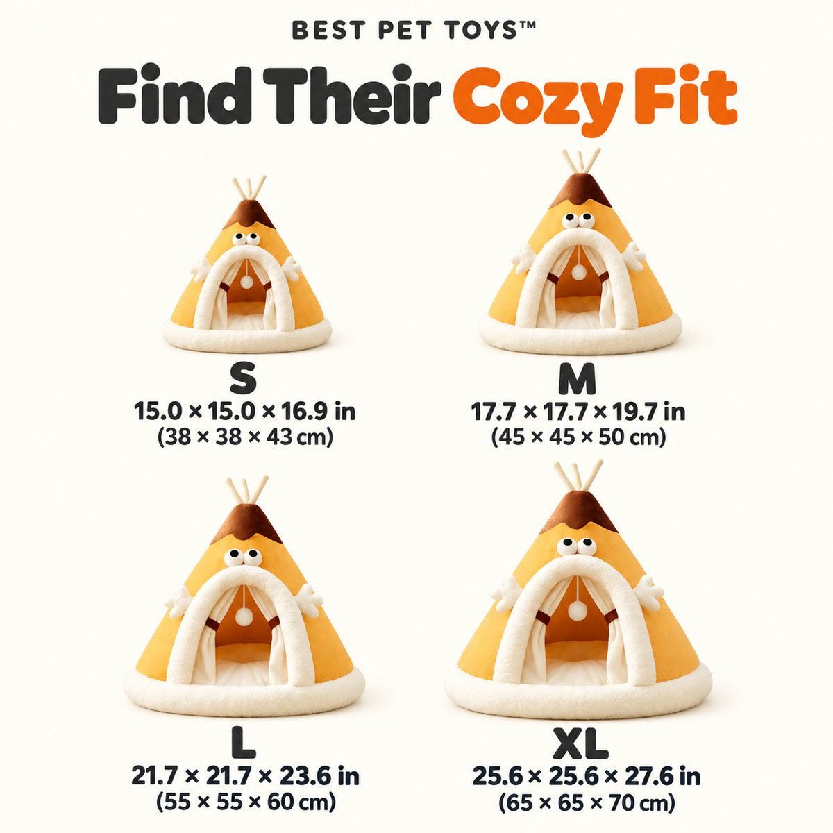 Size guide for S M L and XL Cozy Cat Tent Beds