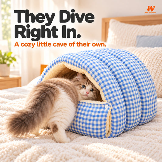 Blue Plaid Cozy Cave Cat Sleeping Bag with cat entering its warm Sherpa-lined cave