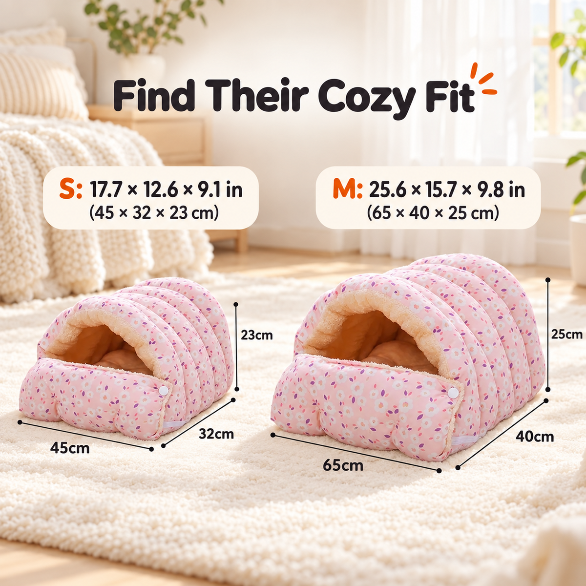 S and M size guide for Cozy Cave Cat Sleeping Bag