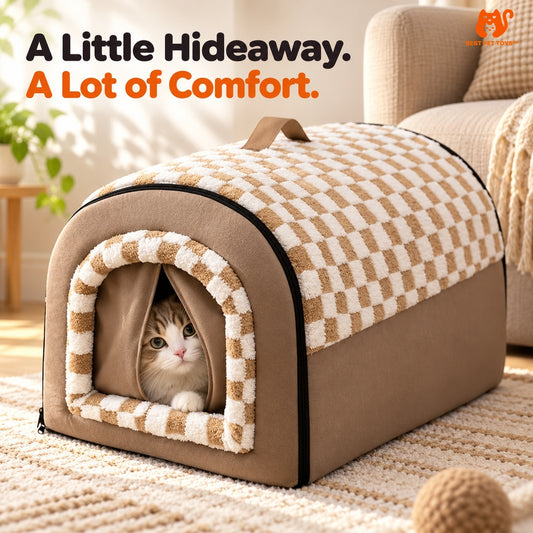Brown Cozy Pet House with cat peeking through the split curtain