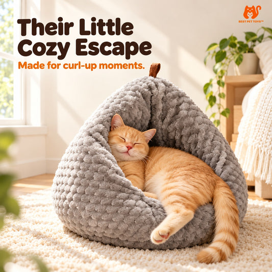 Gray plush cat cave bed with sleeping cat