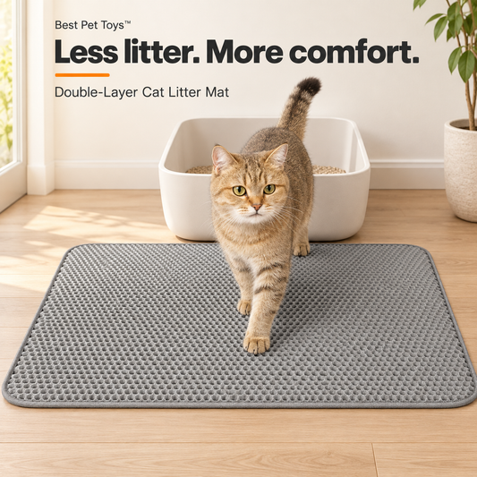Cat stepping onto a gray Best Pet Toys double-layer cat litter mat outside the litter box