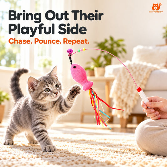 Best Pet Toys feather bell wand fish teaser with cat