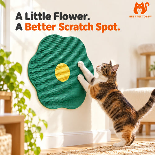 Green flower-shaped corrugated cardboard wall scratcher with cat