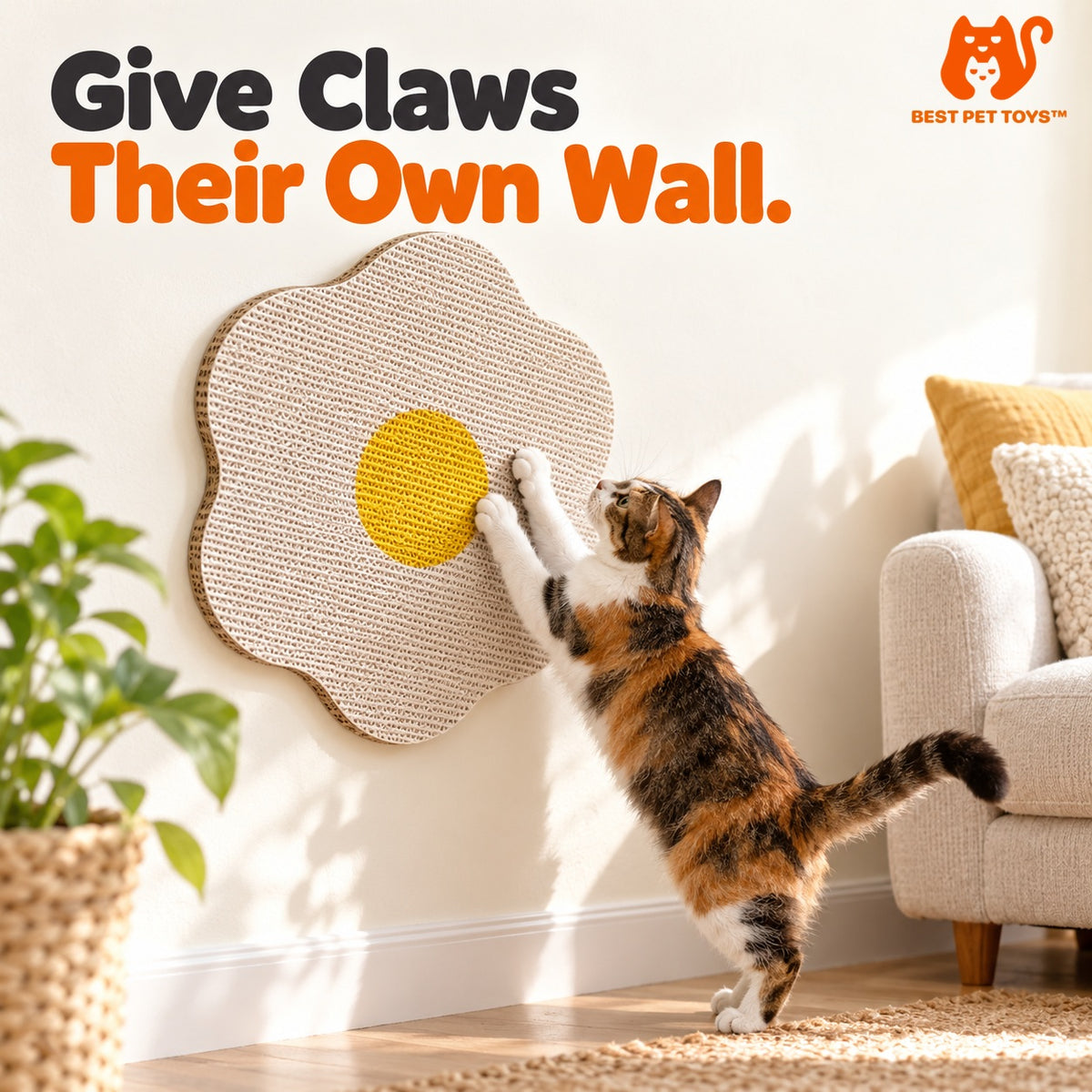 White flower wall scratcher beside sofa