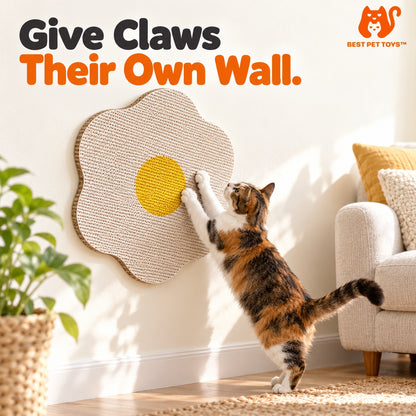 White flower wall scratcher beside sofa
