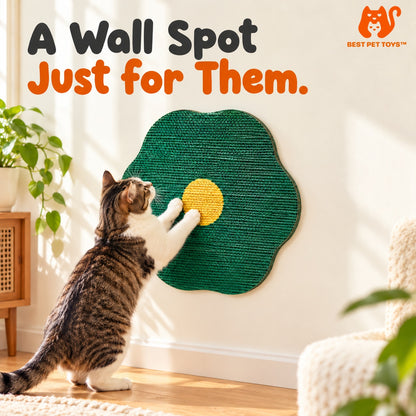 Cat scratching green flower-shaped wall pad