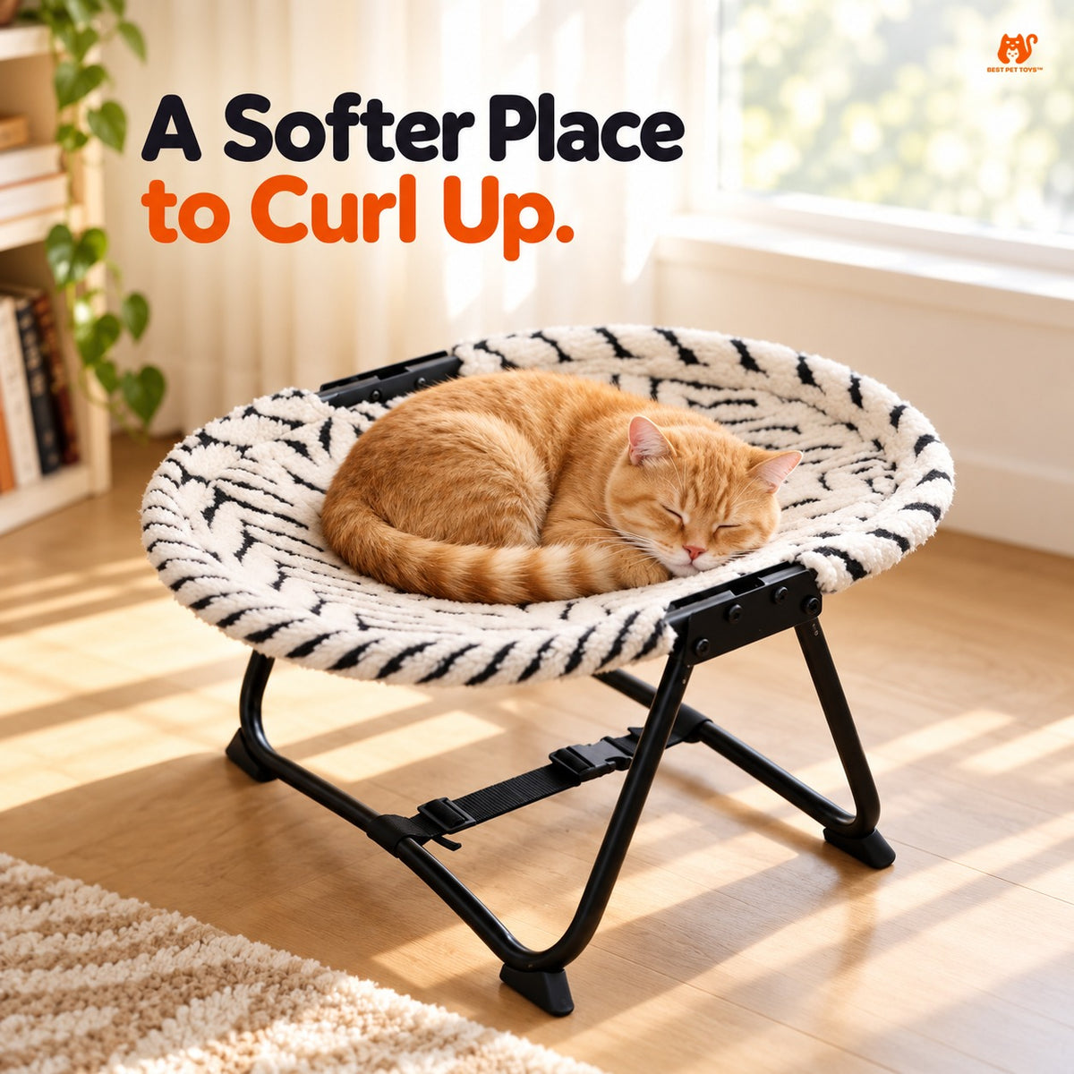 Cat sleeping on fleece foldable elevated pet bed