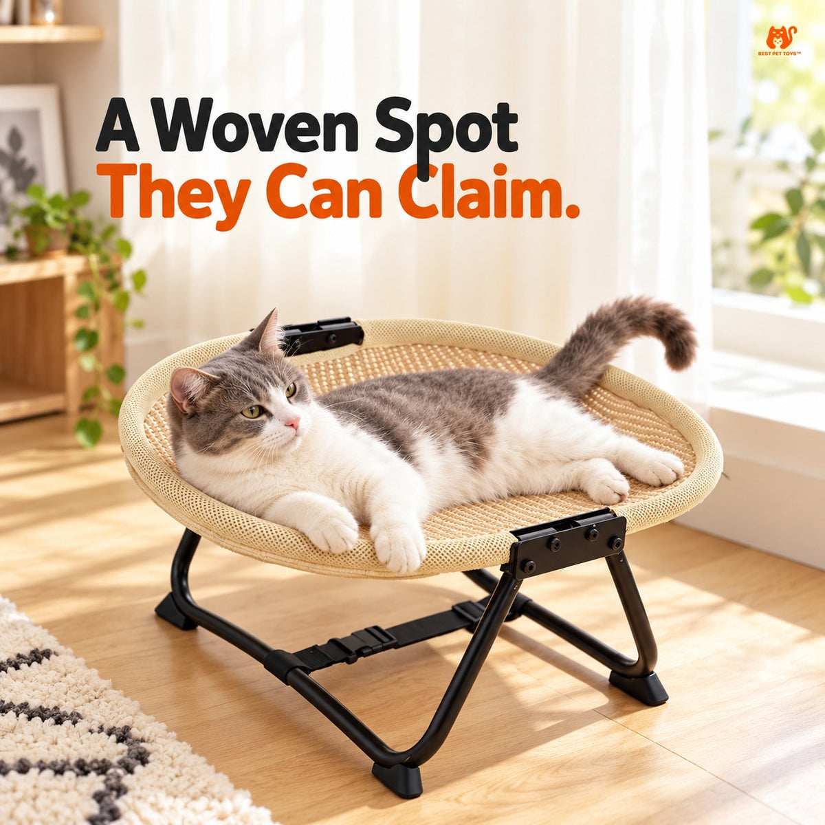 Cat resting on beige woven sisal elevated pet bed