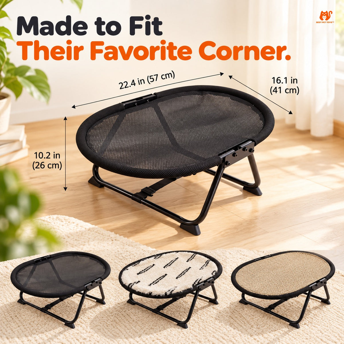 Foldable elevated pet bed dimensions 22.4 by 16.1 by 10.2 inches