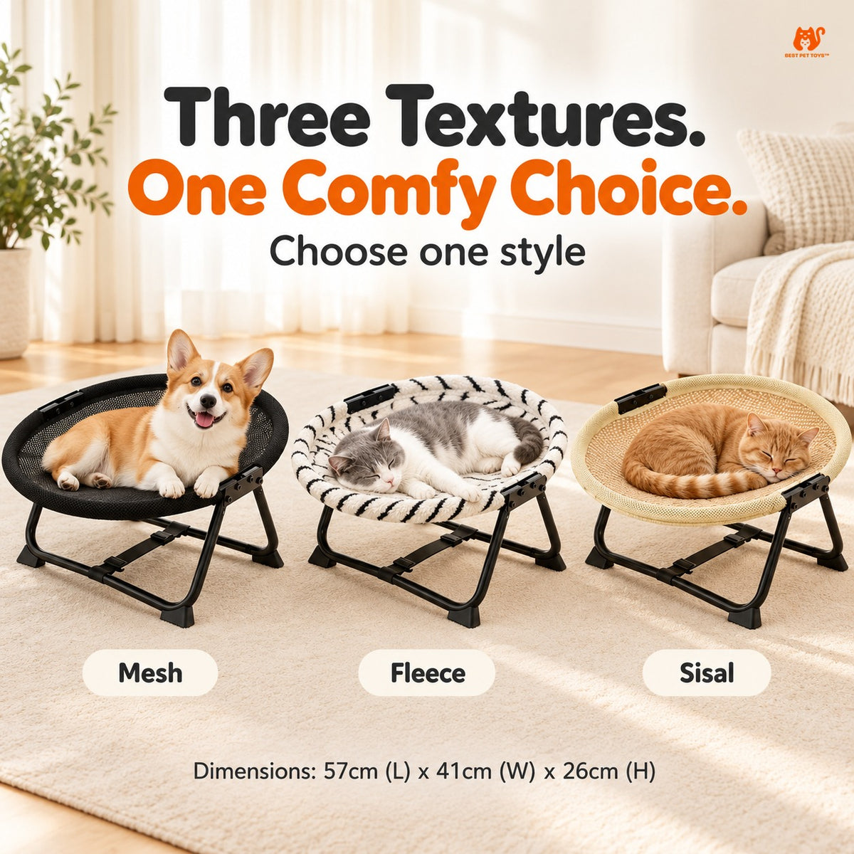 Mesh Fleece and Sisal surface options for elevated pet cot