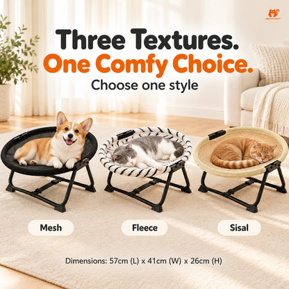 Mesh Fleece and Sisal surface options for elevated pet cot