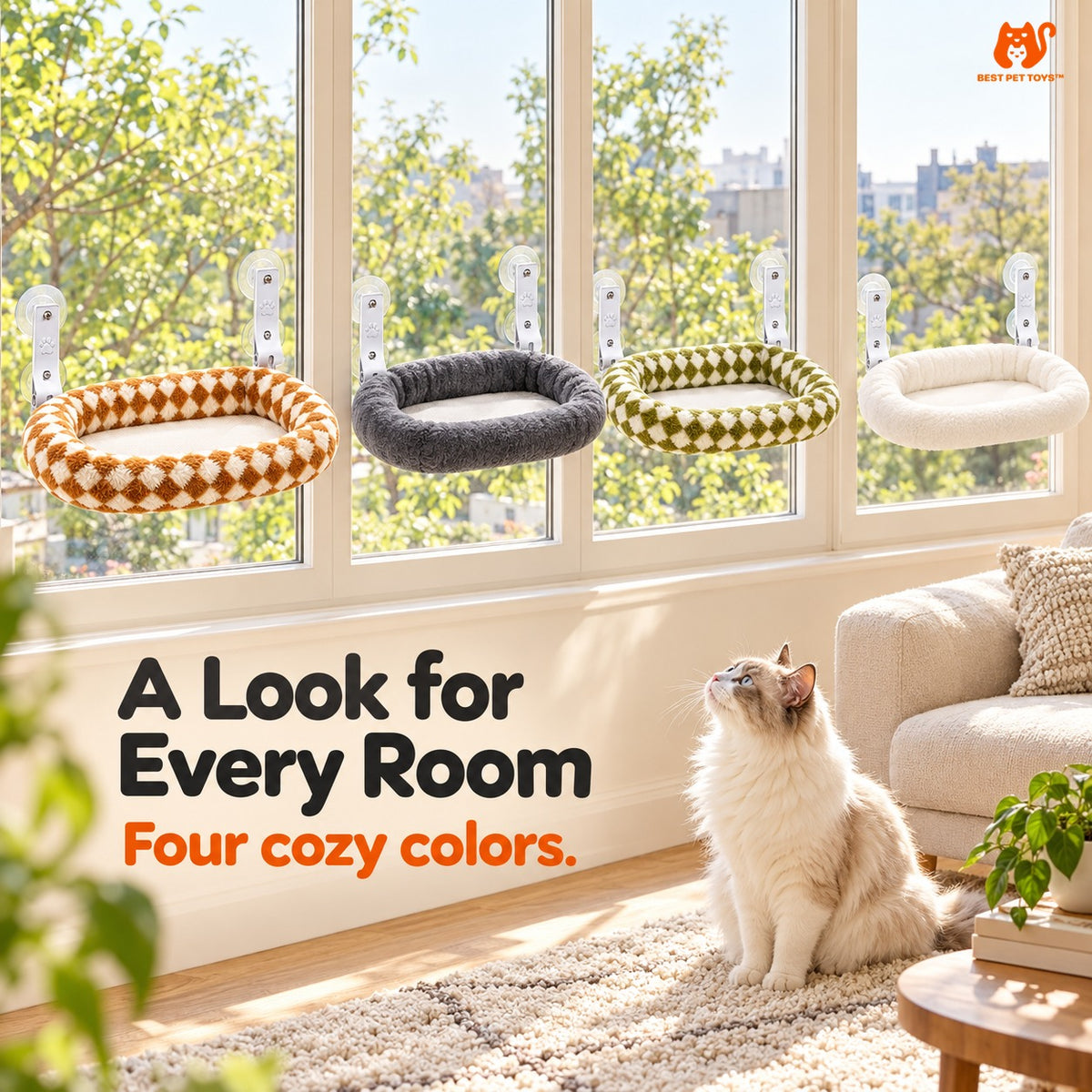 Four color options of Best Pet Toys foldable window perch