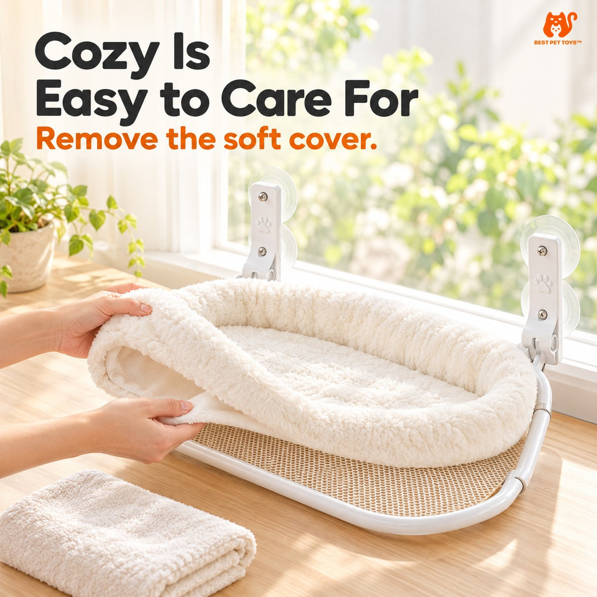 Removable plush cover on foldable cat perch