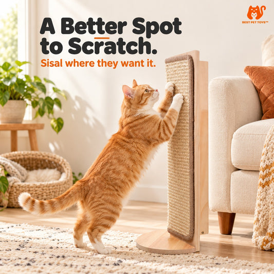 Cat scratching the freestanding natural sisal post beside a sofa