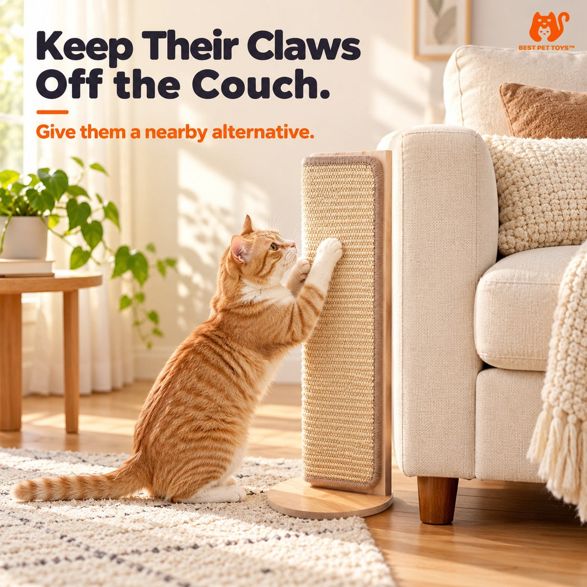 Freestanding sisal scratcher placed beside a couch