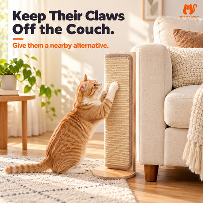 Freestanding sisal scratcher placed beside a couch